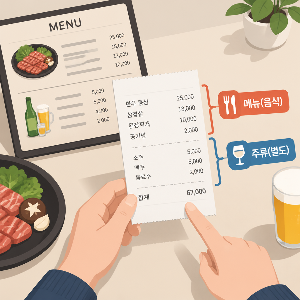 AI 생성 설명 이미지: 안산일동맛집 유니드정육식당 | 메뉴 가격과 ‘주류 별도’를 영수증에서 구분하는 법